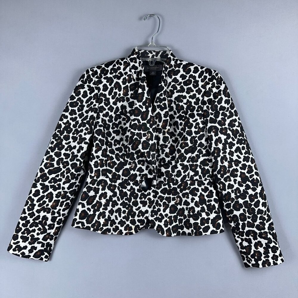 Liz Claiborne Suit Balzer Jacket Womens Size 2 Petite Animal Print Black White